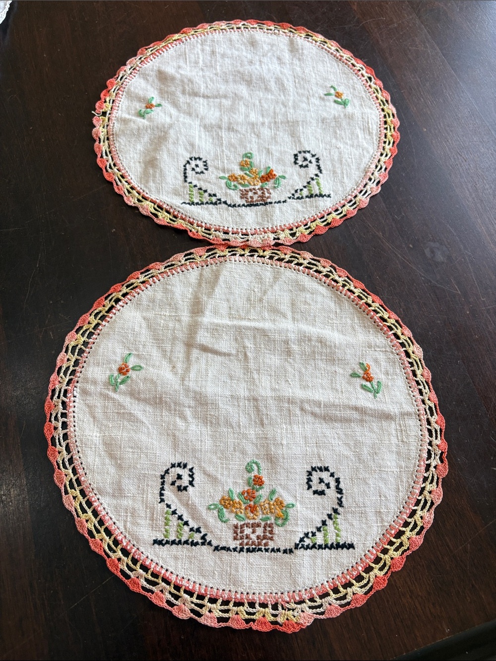 Hand-Embroidered Round Linen Doilies with Crochet Edge